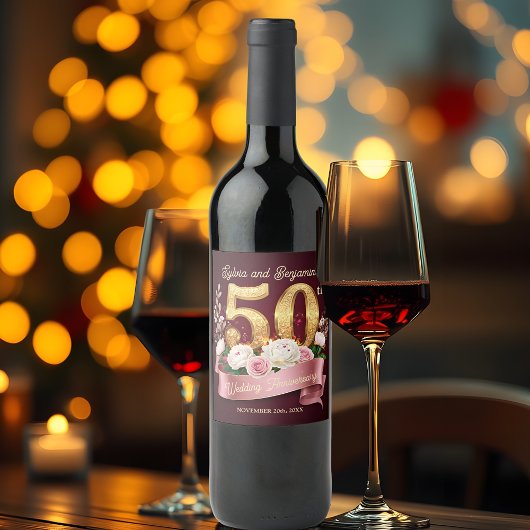 Roze Witte Bloemen Gouden 50ste bruiloft Jubileum Wijn Etiket