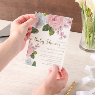 Roze Witte Bloemen Greenery Baby Meisje Vellum Uitnodigingen