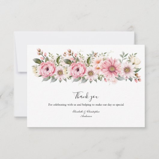 Roze Witte Bloemen Groen Eucalyptus Bruiloft Bedankkaart (Voorkant)