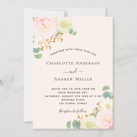 Roze witte bloemen groen trouwfeest magnetische uitnodiging (Voorkant)