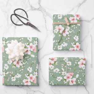 Roze Witte Bloemen Groene Achtergrond Cottage Core Inpakpapier Vel