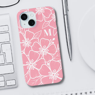 Roze witte bloemen Initiaal monogram iPhone 15 Case