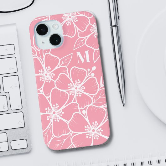 Roze witte bloemen Initiaal monogram Case-Mate iPhone Case