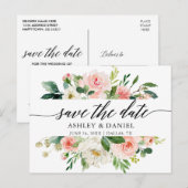 Roze Witte Bloemen Kalligrafie Save The Date Briefkaart (Voorkant / Achterkant)