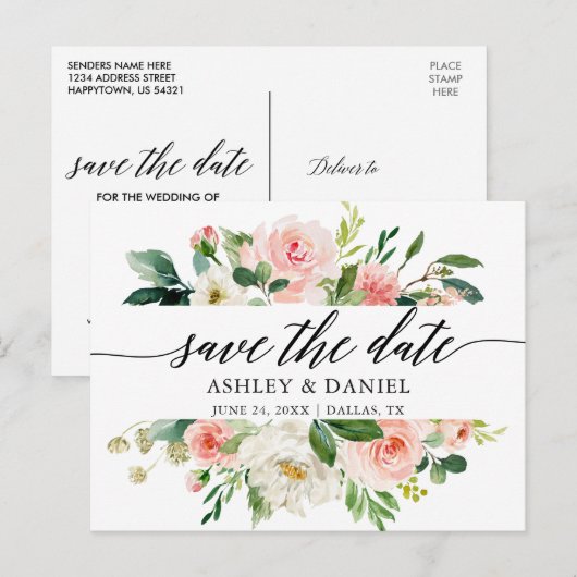 Roze Witte Bloemen Kalligrafie Save The Date Briefkaart (Voorkant / Achterkant)