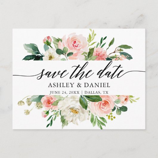 Roze Witte Bloemen Kalligrafie Save The Date Briefkaart (Voorkant)