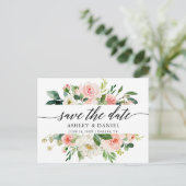 Roze Witte Bloemen Kalligrafie Save The Date Briefkaart (Staand voorkant)
