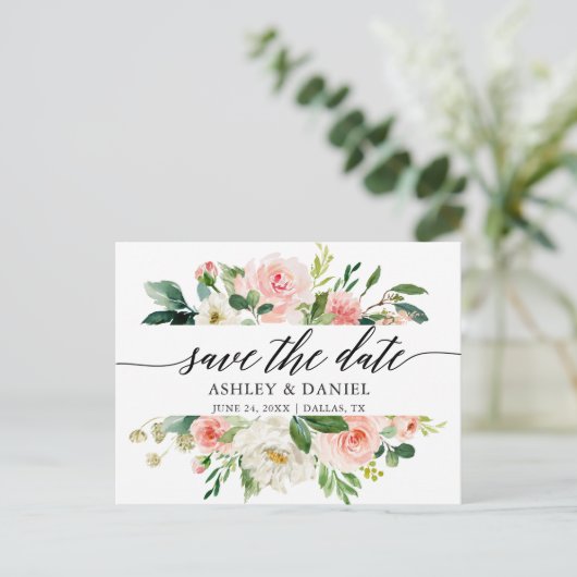 Roze Witte Bloemen Kalligrafie Save The Date Briefkaart (Staand voorkant)