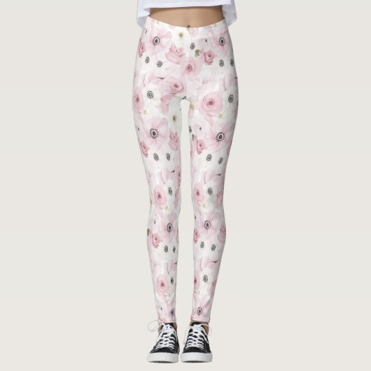 Roze witte bloemen leggings (Voorkant)