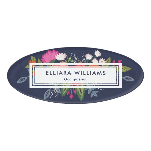 Roze & Witte Bloemen Marine Blauw Naambadge (Voorkant)