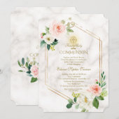 Roze Witte bloemen Marmer Gold Heilige Communie Kaart (Voorkant / Achterkant)