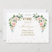 Roze witte bloemen meisje 1e verjaardag baptisme bedankkaart (Voorkant)
