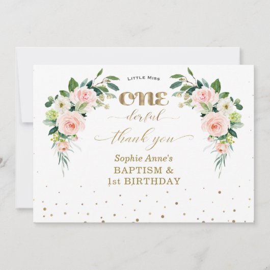 Roze witte bloemen meisje 1e verjaardag baptisme bedankkaart (Voorkant)