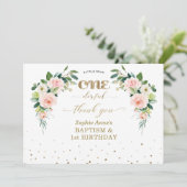 Roze witte bloemen meisje 1e verjaardag baptisme bedankkaart (Staand voorkant)