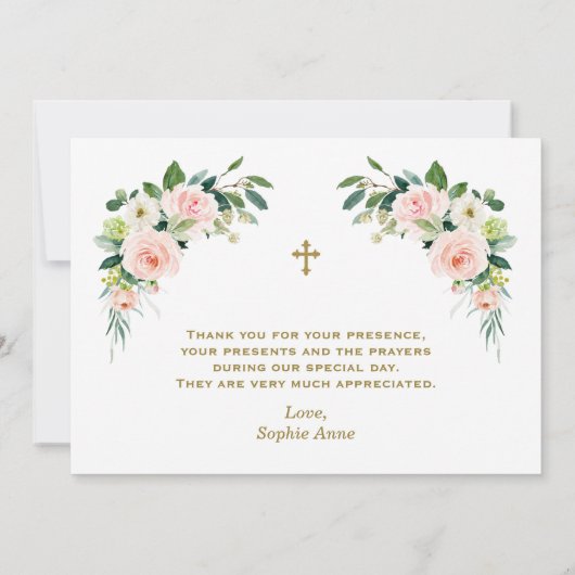 Roze witte bloemen meisje 1e verjaardag baptisme bedankkaart (Achterkant)