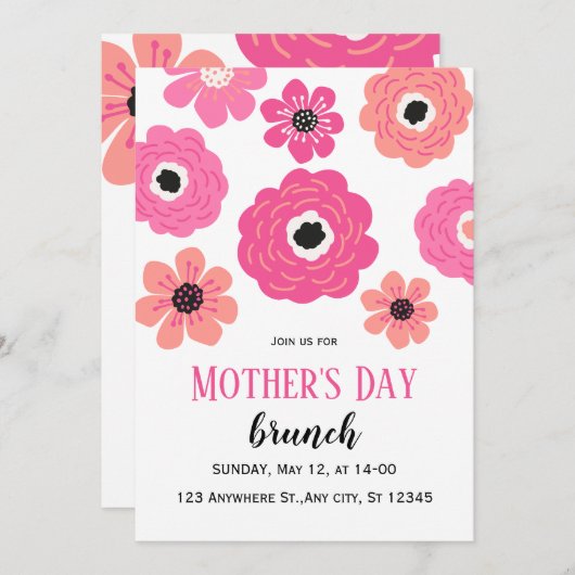 Roze Witte Bloemen Moederdag Brunch Uitnodigen Kaart (Voorkant / Achterkant)