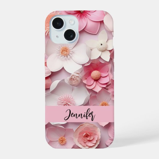 Roze witte bloemen naam script iPhone 15 case (Achterkant)