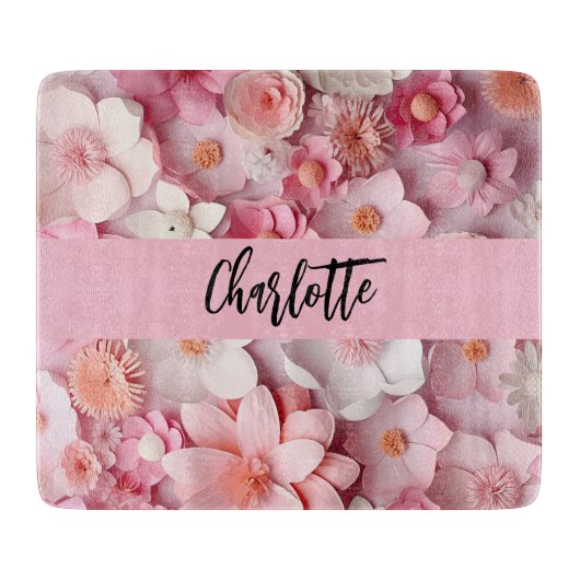 Roze witte bloemen naam script snijplank (Voorkant)