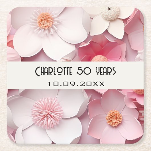 Roze witte bloemen naam verjaardagsfeest kartonnen onderzetters (Voorkant)