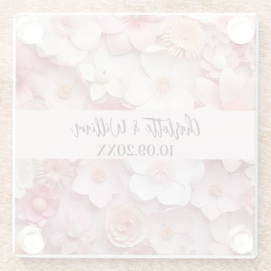 Roze witte bloemen namen bruiloft glazen onderzetter (Achterkant)
