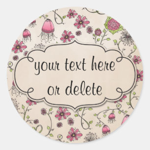 roze witte bloemen op beige ronde sticker