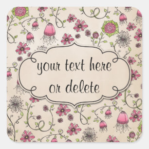 roze witte bloemen op beige vierkante sticker