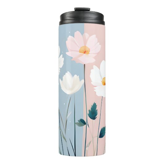Roze & Witte Bloemen op Blauw & Roze Thermosbeker (Voorkant)