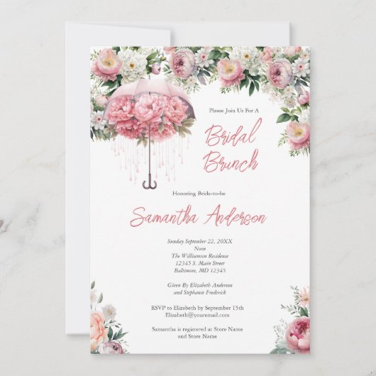 Roze Witte Bloemen Paraplu Vrijgezellenfeest Brunc Kaart (Voorkant)
