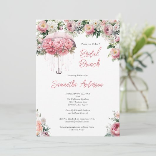 Roze Witte Bloemen Paraplu Vrijgezellenfeest Brunc Kaart (Staand voorkant)