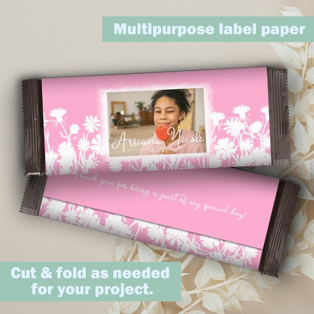 Roze Witte Bloemen Persoonlijke Candy Bar Verpakki (Pink, white botanical wild flowers bat mitzvah personalized chocolate bar wrapper DIY cheap budget)