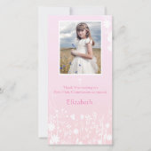 Roze, witte bloemen, religieuze fotokaart bedankkaart (Voorkant)