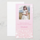 Roze, witte bloemen, religieuze fotokaart bedankkaart (Voorkant / Achterkant)