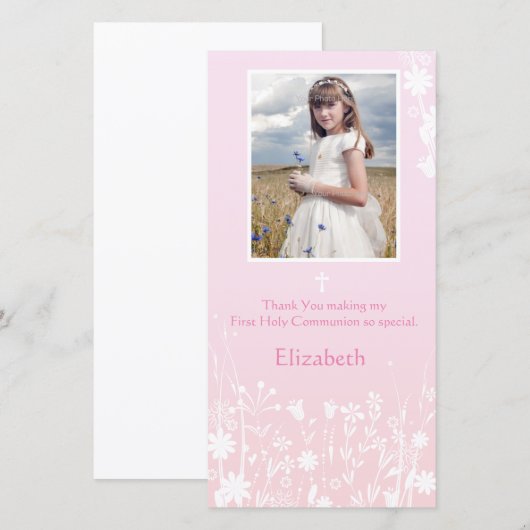 Roze, witte bloemen, religieuze fotokaart bedankkaart (Voorkant / Achterkant)