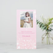 Roze, witte bloemen, religieuze fotokaart bedankkaart (Staand voorkant)