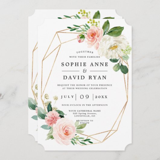 Roze witte bloemen Roos goud in één bruiloft Kaart (Voorkant / Achterkant)