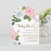 Roze Witte Bloemen Rozen Boog Baby shower Kaart (Staand voorkant)