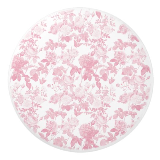 Roze Witte Bloemen Rozen Chinoiserie Patroon Keramische Knop (Voorkant)