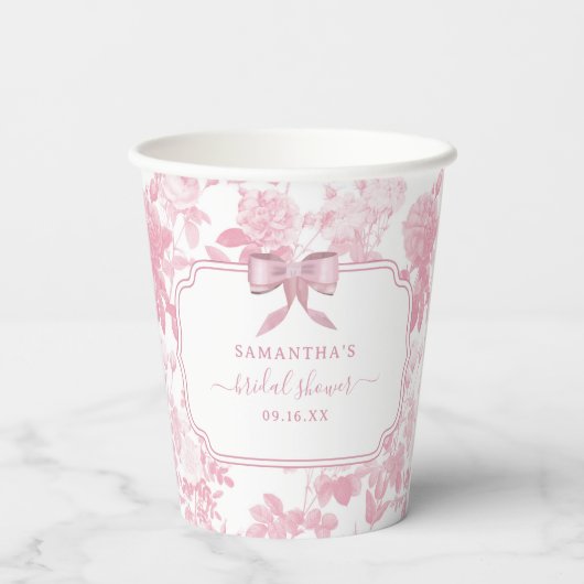 Roze Witte Bloemen Rozen Chinoiserie Vrijgezellenf Papieren Bekers (Achterkant)