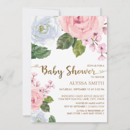 Roze Witte Bloemen Rozen Elegant Script Baby showe Kaart