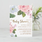 Roze Witte Bloemen Rozen Elegant Script Baby showe Kaart (Staand voorkant)