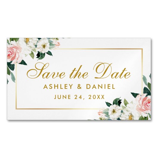Roze Witte Bloemen Save The Date Mini Magnet Magnetisch Visitekaartje (Voorkant)