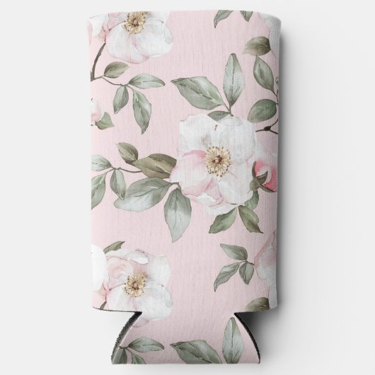  roze witte bloemen seltzer blikjeskoeler (Voorkant)