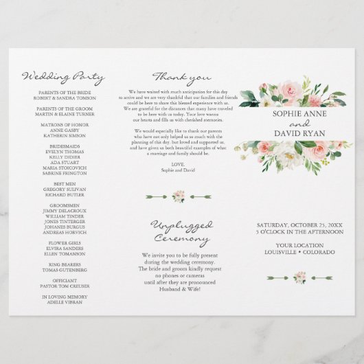 Roze Witte Bloemen Tri+Fold Huwelijksprogramma (Voorkant)