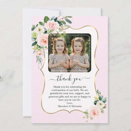 Roze Witte Bloemen Tweeling Meisjes Fotobevestigin Bedankkaart (Voorkant)