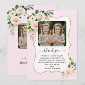 Roze Witte Bloemen Tweeling Meisjes Fotobevestigin Bedankkaart (Voorkant / Achterkant)