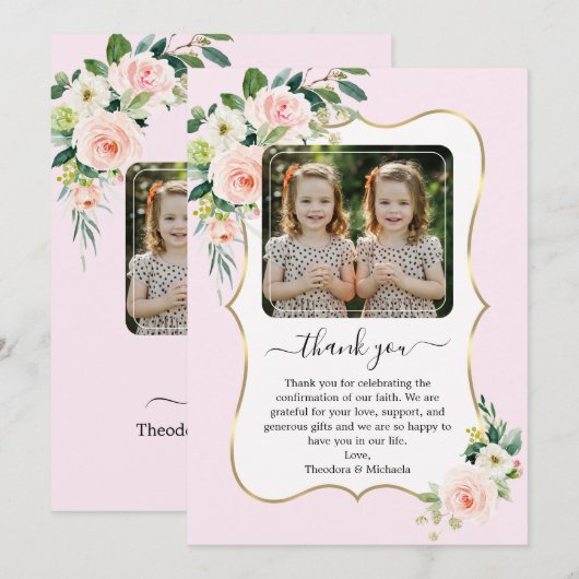Roze Witte Bloemen Tweeling Meisjes Fotobevestigin Bedankkaart (Voorkant / Achterkant)