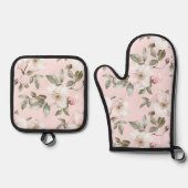  Roze Witte Bloemen Vrijgezellenfeest Ovenwant & Pannenlap Set (Voorkant)