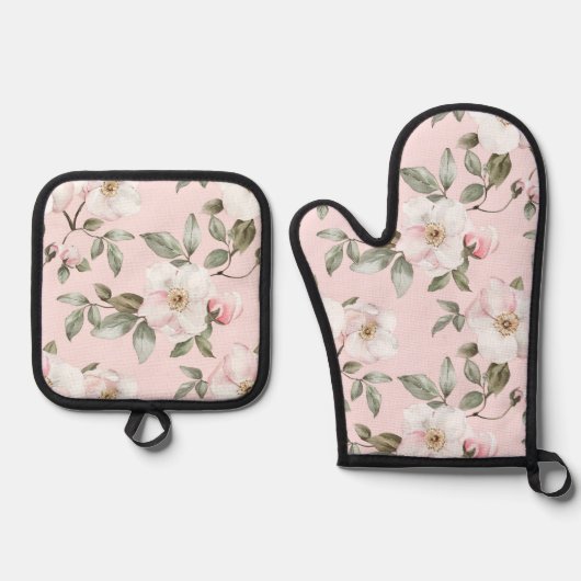  Roze Witte Bloemen Vrijgezellenfeest Ovenwant & Pannenlap Set (Voorkant)