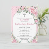 Roze Witte Bloemen Zilveren Boog Doopsel Kaart (Staand voorkant)