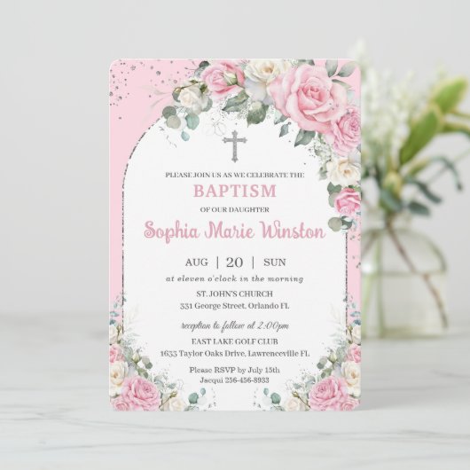 Roze Witte Bloemen Zilveren Boog Doopsel Kaart (Staand voorkant)